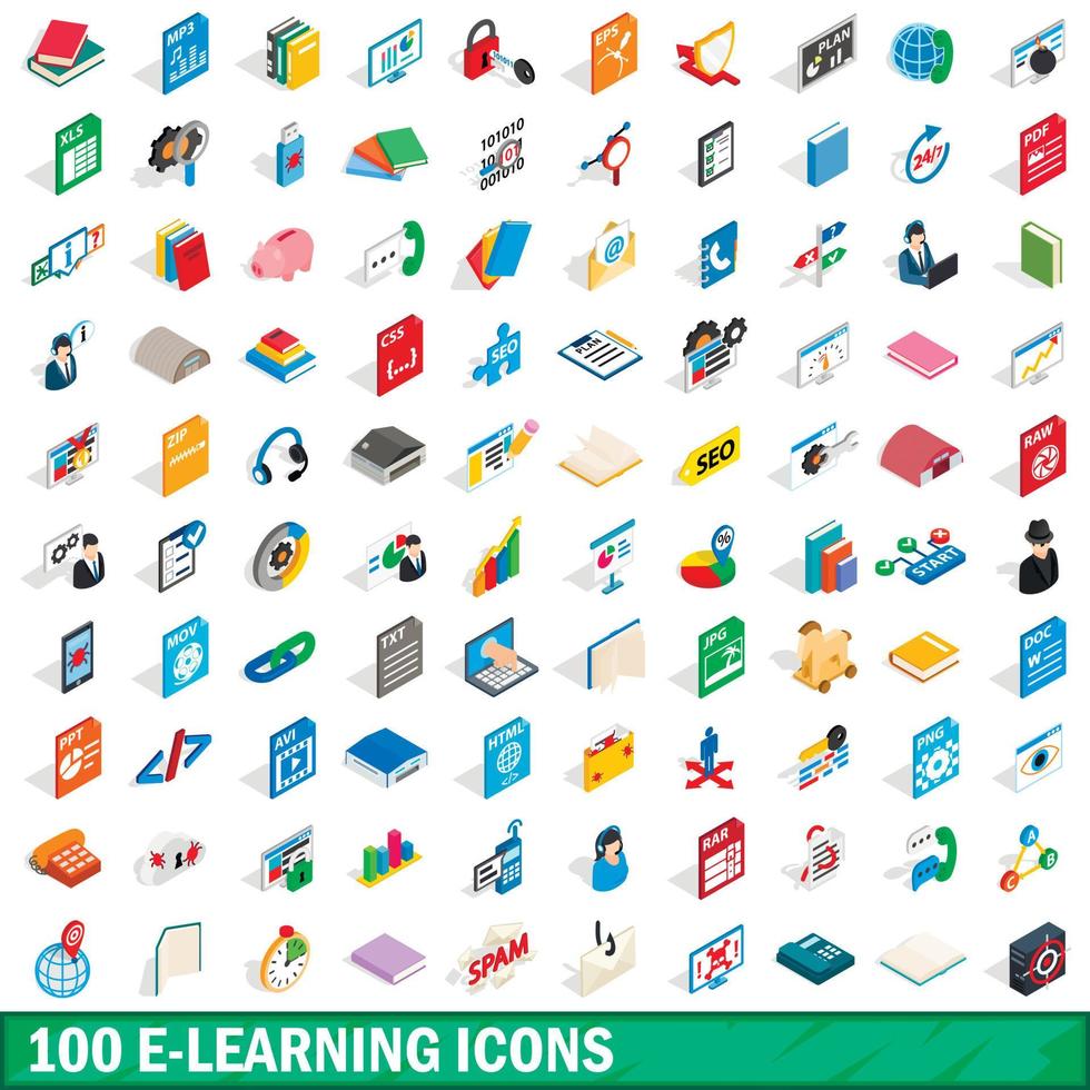 100 e-learning icons set, isometric 3d style vector