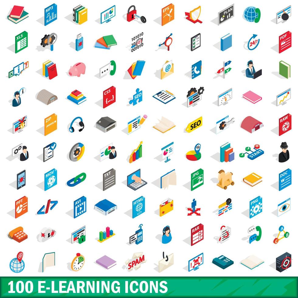 100 iconos de e-learning, estilo isométrico 3d vector