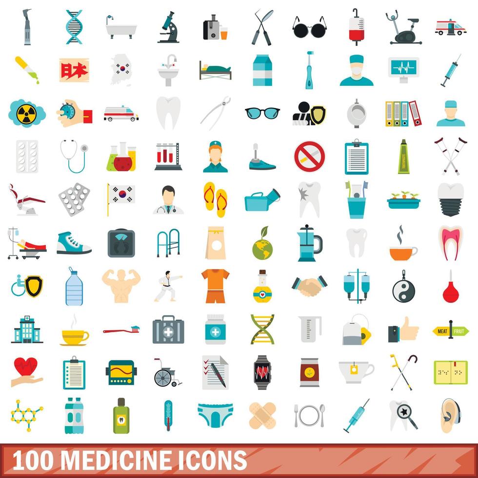 100 iconos de medicina, estilo plano vector