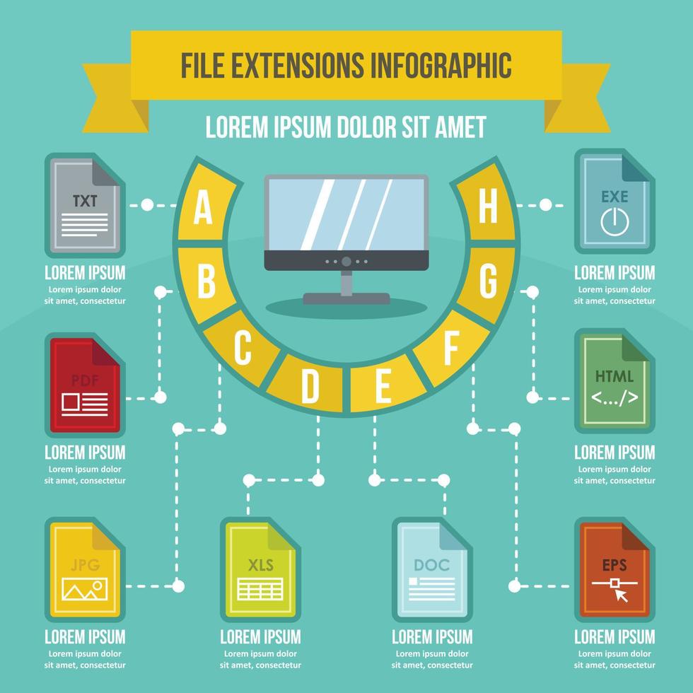 concepto infográfico de extensiones de archivo, estilo plano vector