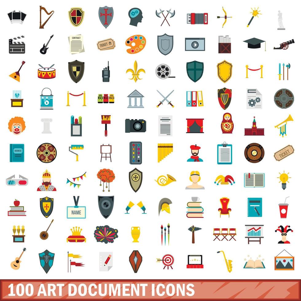 100 art document icons set, flat style vector