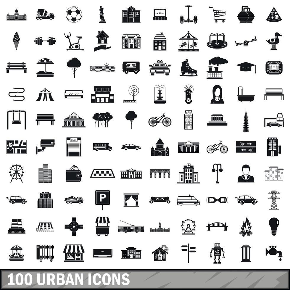 100 urban icons set, simple style vector
