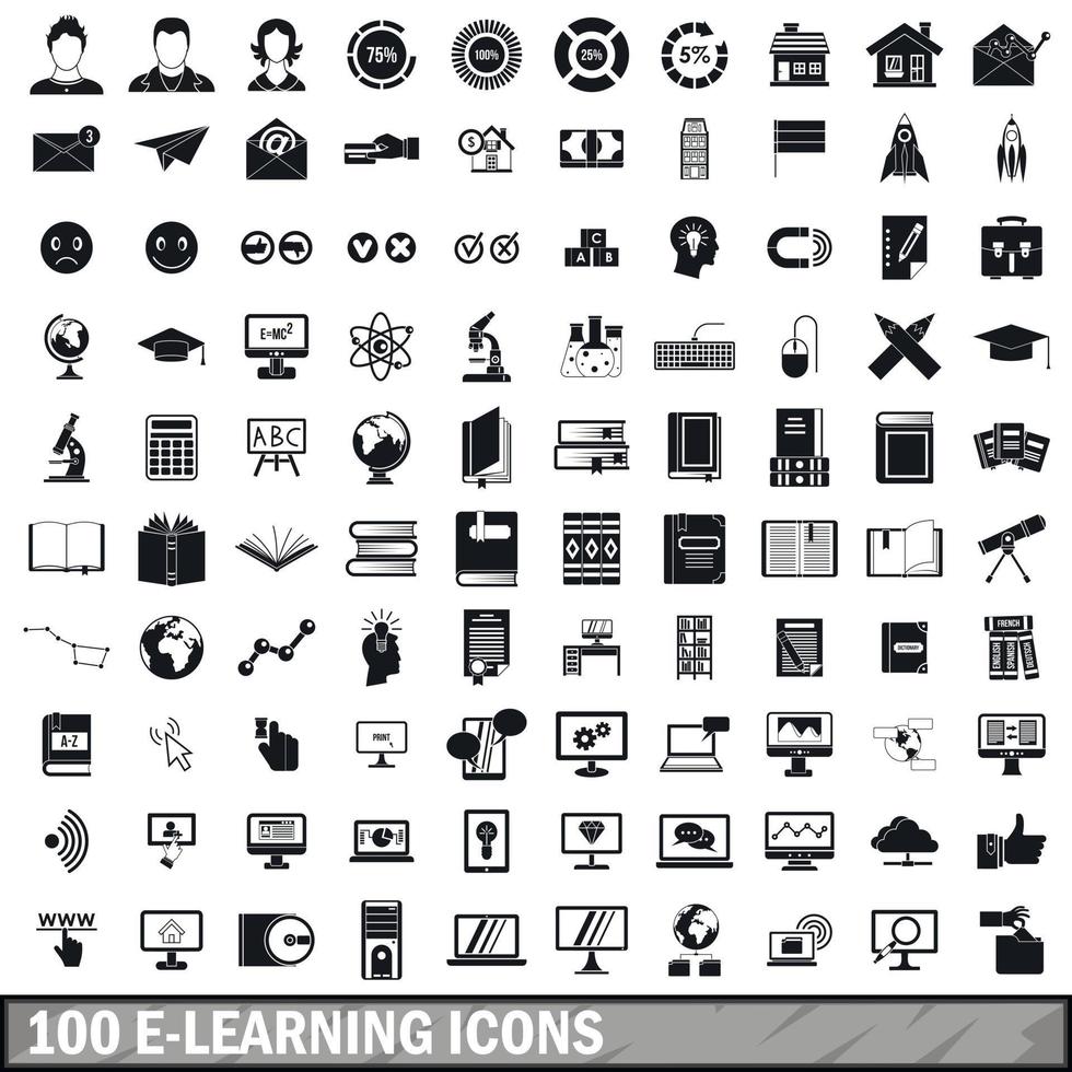 100 iconos de e-learning establecidos en estilo simple vector