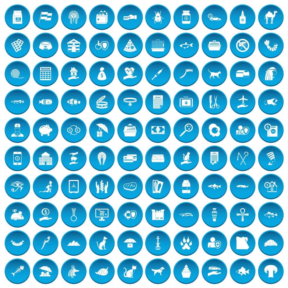 100 cat icons set blue vector
