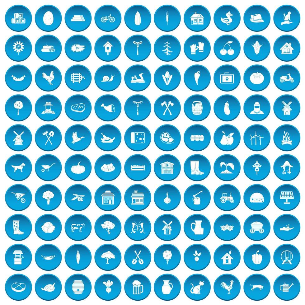 100 iconos de granja conjunto azul vector