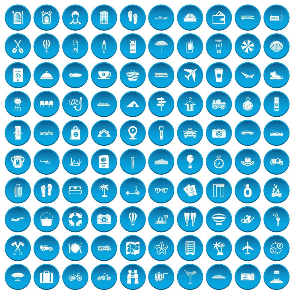 100 iconos de tiempo de viaje conjunto azul vector