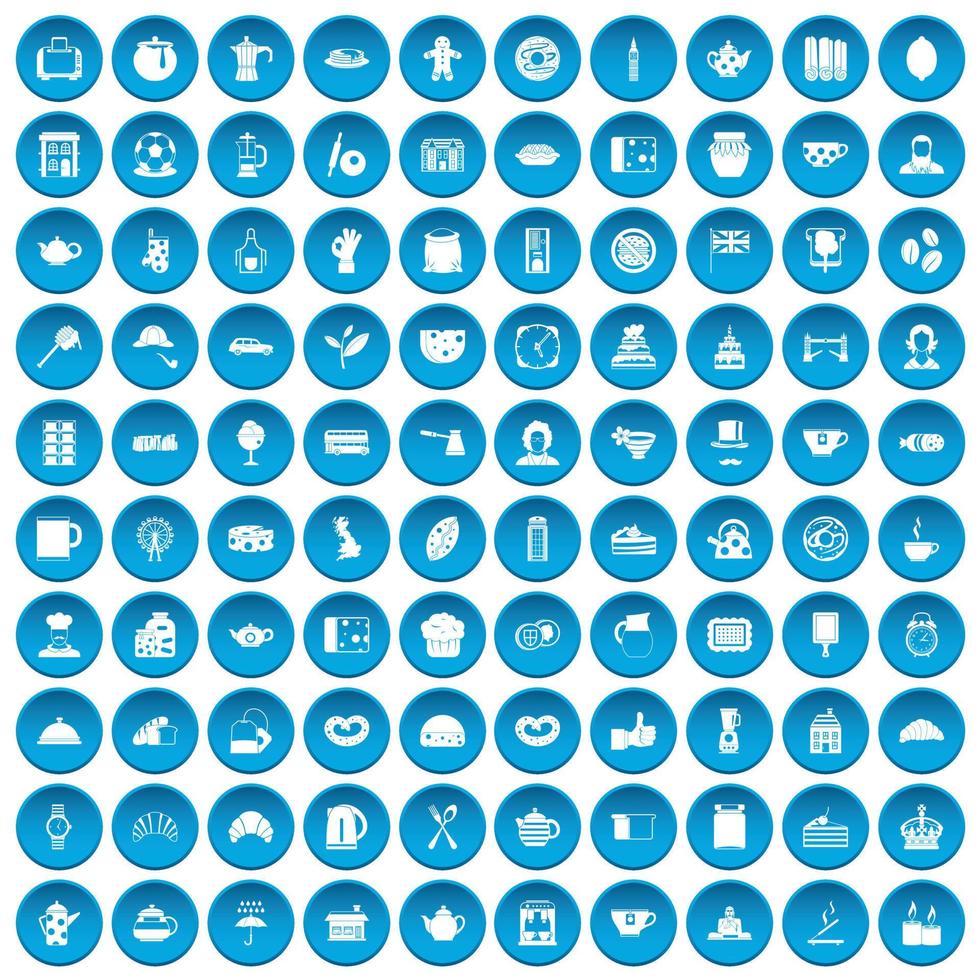 100 tea time food icons set blue vector