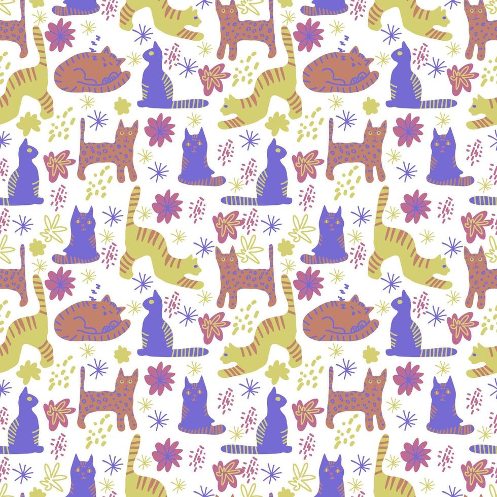 Vector seamless pattern. Cute cats and abstract colorful doodle flat shapes, strokes, spots, lines, stripes, flowers.