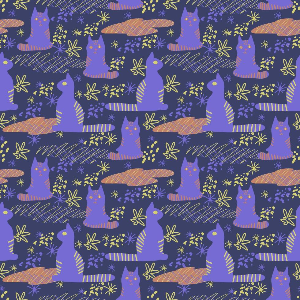 Vector seamless pattern. Cute cats and abstract colorful doodle flat shapes, strokes, spots, lines, stripes, flowers.