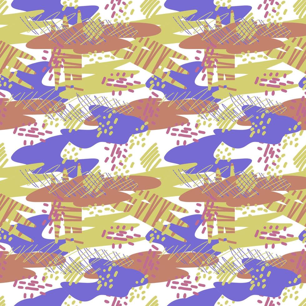 Vector seamless pattern. Abstract colorful doodle flat shapes, strokes, spots, lines, stripes, flowers.
