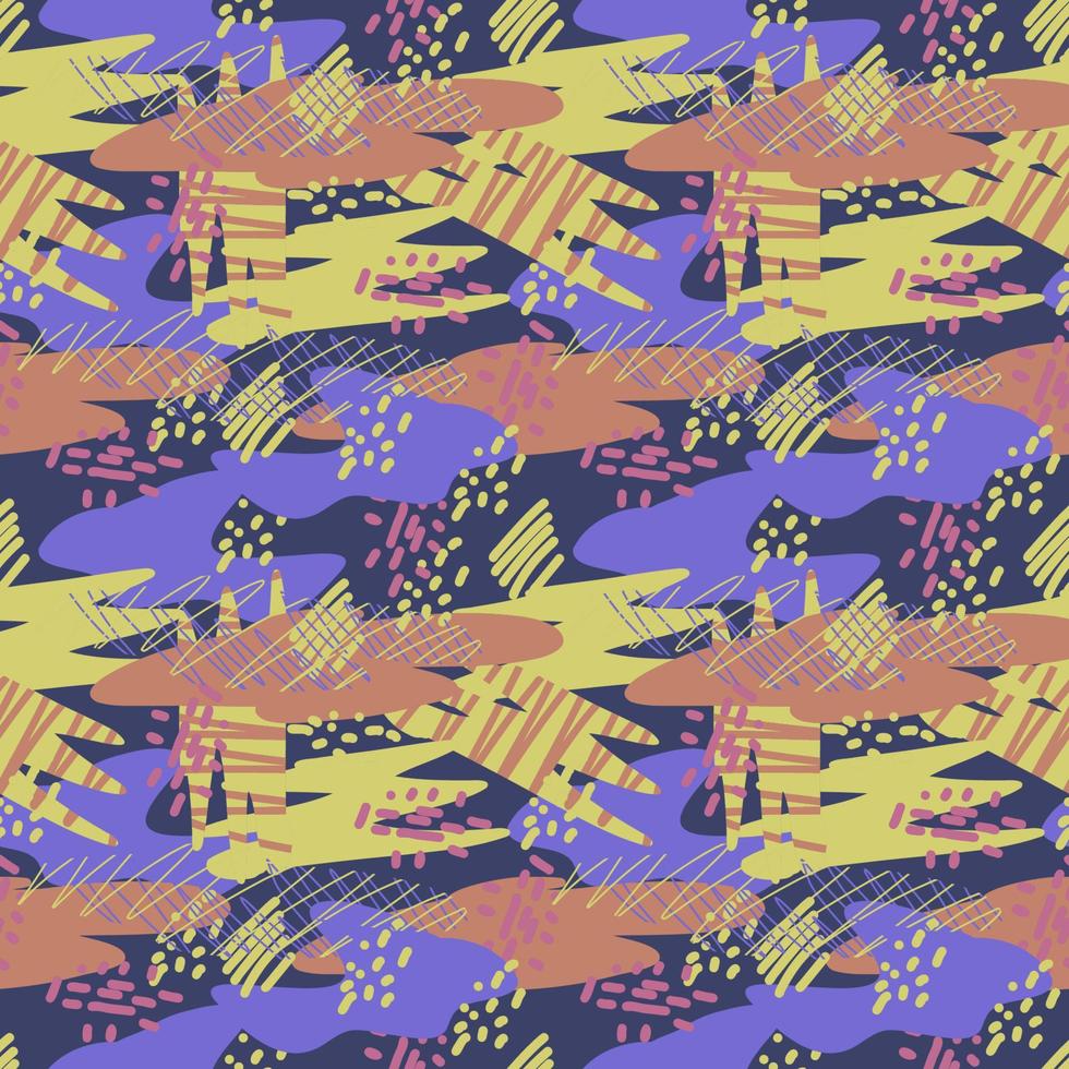 Vector seamless pattern. Abstract colorful doodle flat shapes, strokes, spots, lines, stripes, flowers.