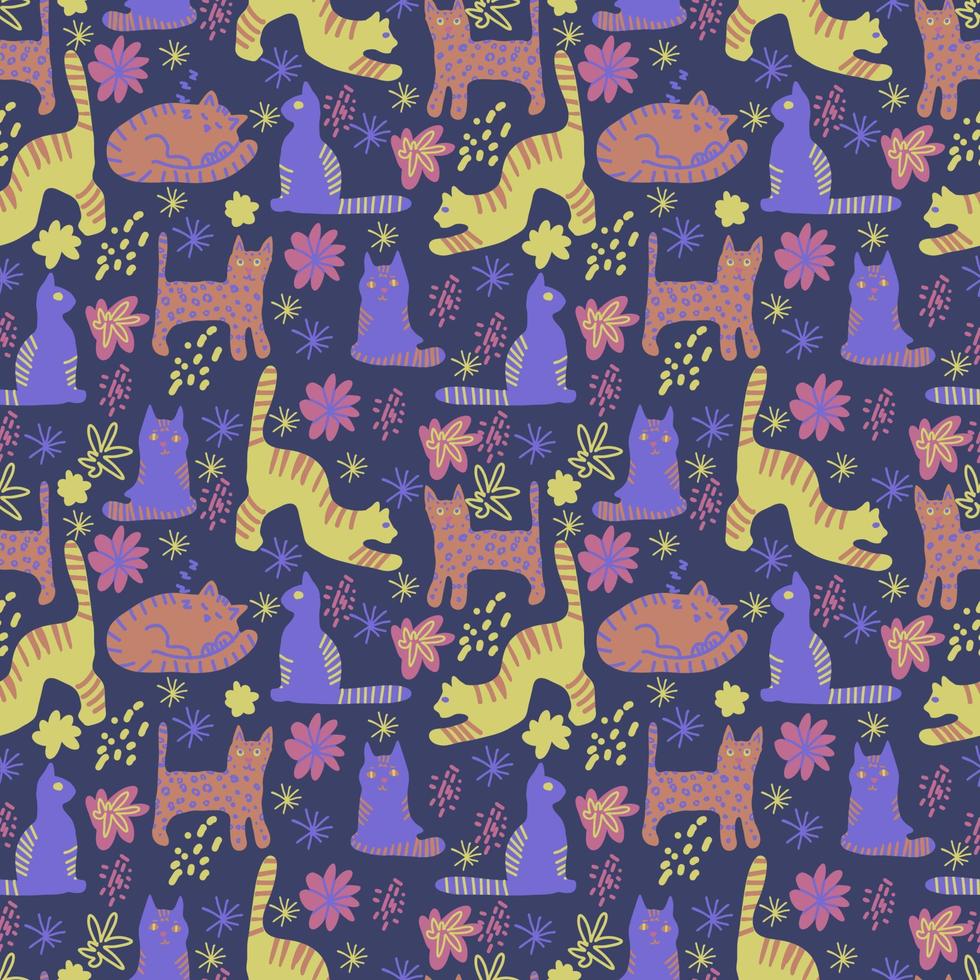 Vector seamless pattern. Cute cats and abstract colorful doodle flat shapes, strokes, spots, lines, stripes, flowers.