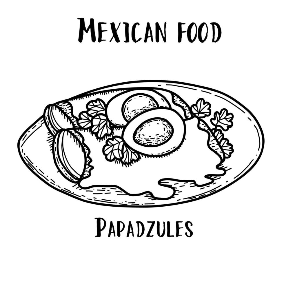 Papadzules de comida mexicana. ilustración vectorial en blanco y negro dibujada a mano en estilo garabato. vector