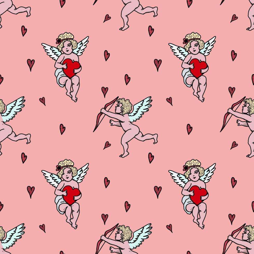 Valentines Day seamless pattern with vintage little cupids and hearts on a pink background. Vector illustration.