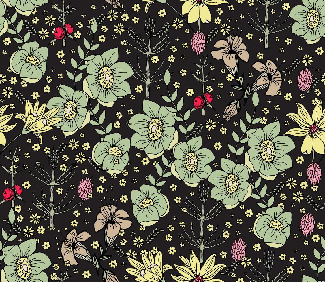 Hand drawn vector floral seamless pattern with meadow flowers.