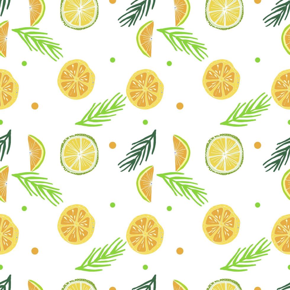 Vector seamless pattern with citrus fruits lemon, lime, orange, grapefruit, palm leaves.  Hand drawn tropical illustration.