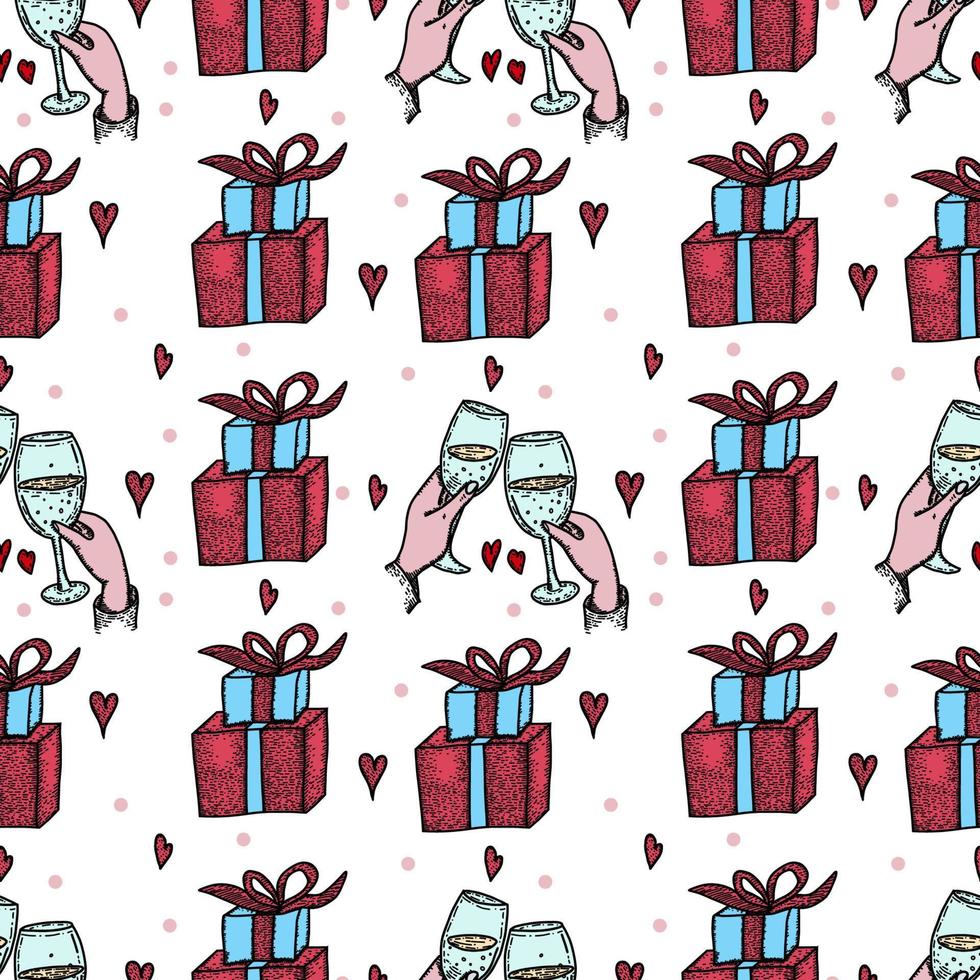 Valentines Day seamless pattern with couples in love, gift boxies, a glass of champagne, hearts. Vector illustration.