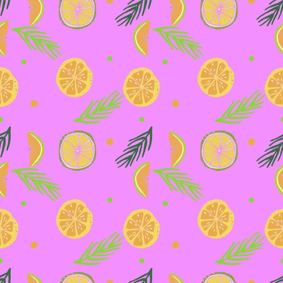 Vector seamless pattern with citrus fruits lemon, lime, orange, grapefruit, palm leaves.  Hand drawn tropical illustration.