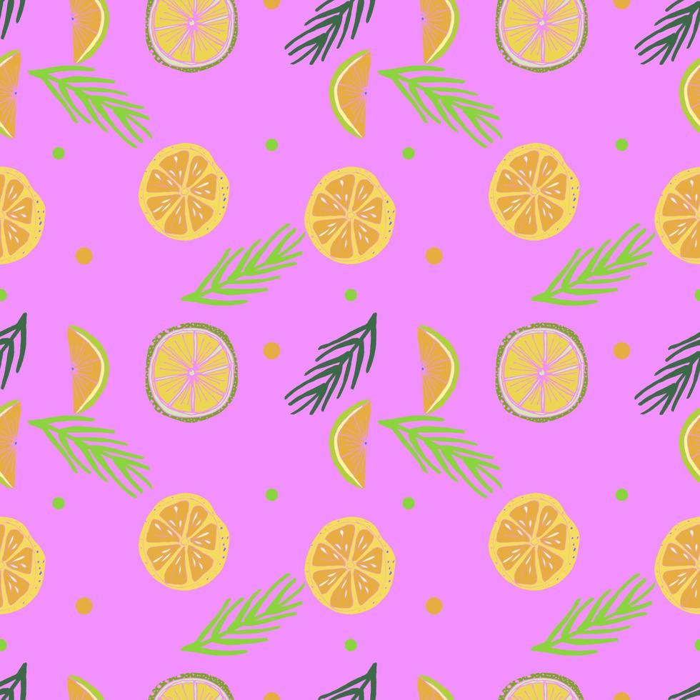 Vector seamless pattern with citrus fruits lemon, lime, orange, grapefruit, palm leaves.  Hand drawn tropical illustration.