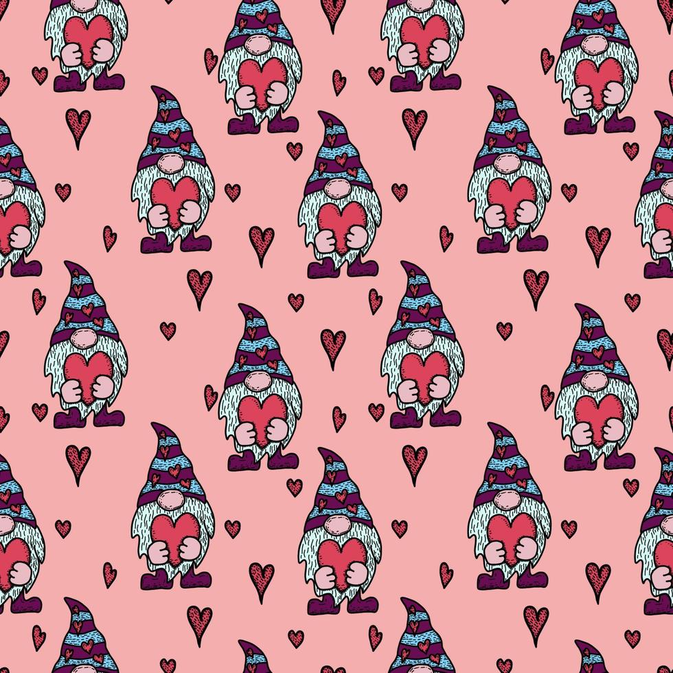 Valentines Day seamless pattern. Cute gnomes with hearts on a pink background. vector