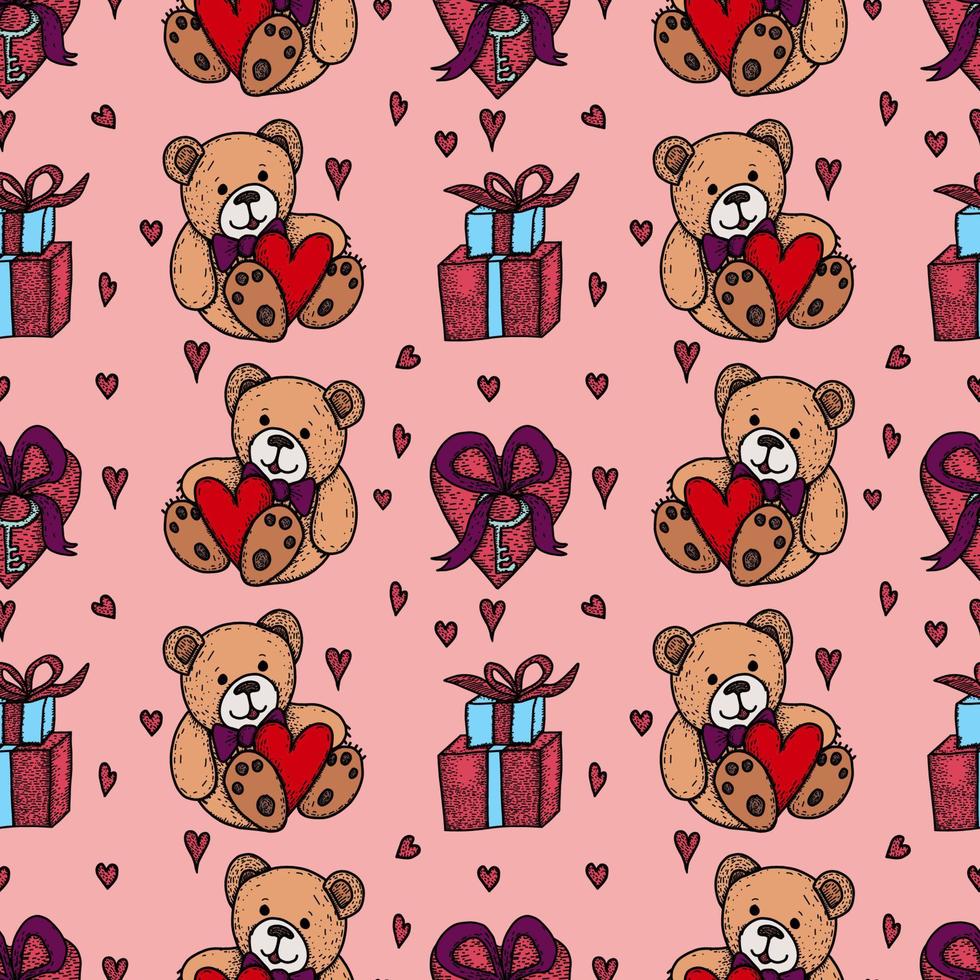 patrón sin costuras del día de san valentín con lindos osos de peluche, cajas de regalo, corazones sobre un fondo rosa. vector