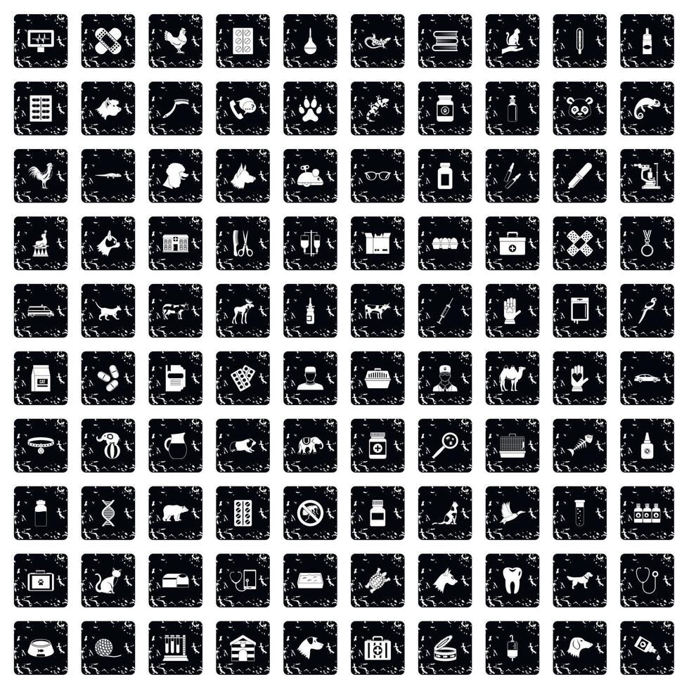 100 veterinary icons set, grunge style vector