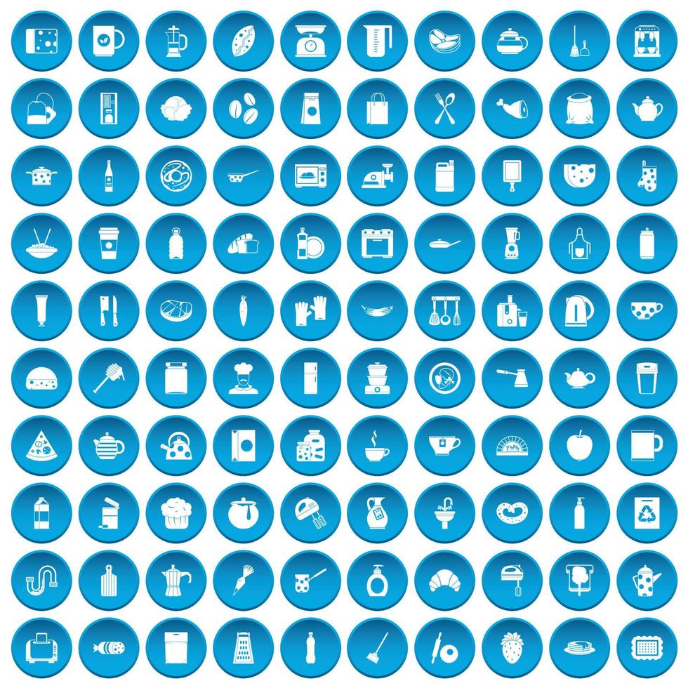 100 kitchen icons set blue vector