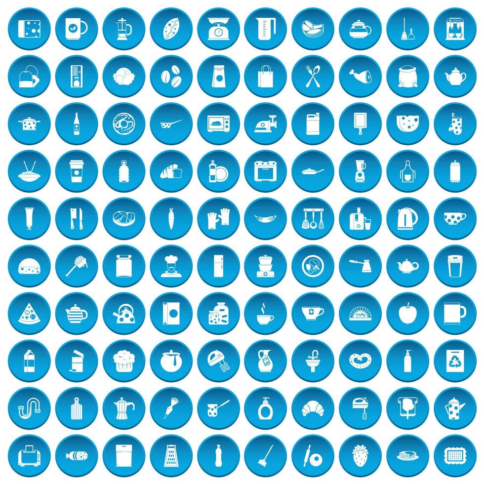 100 kitchen icons set blue vector