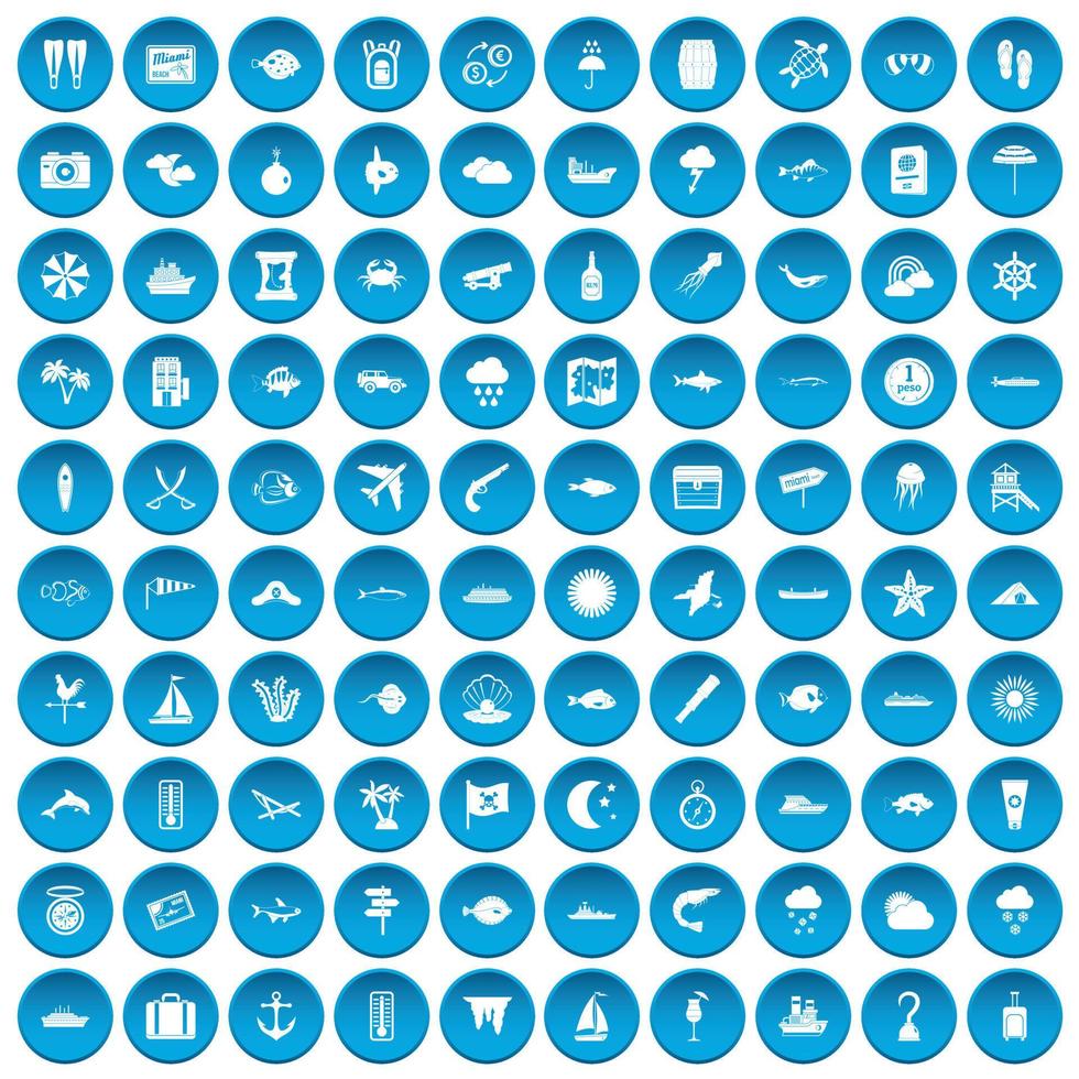 100 iconos de entorno marino conjunto azul vector