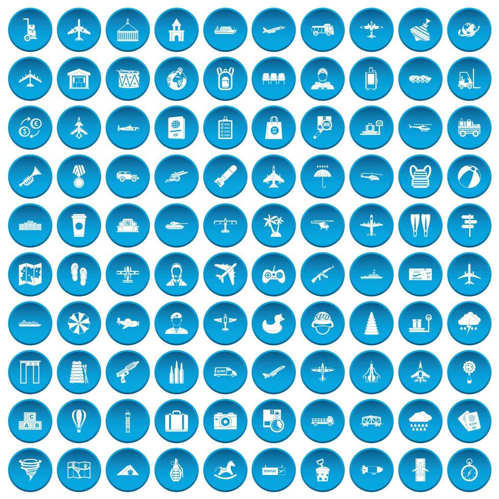 100 plane icons set blue vector