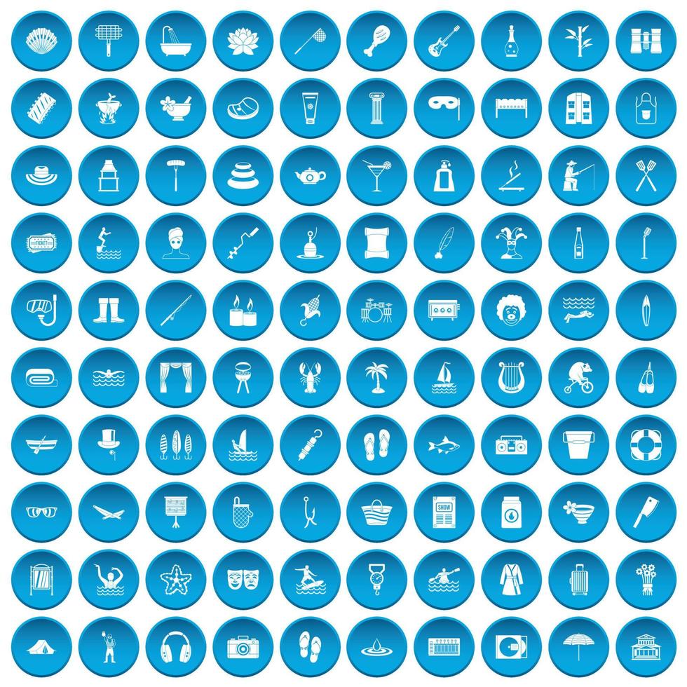 100 iconos de recreación conjunto azul vector