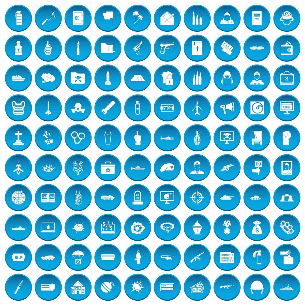100 war icons set blue vector