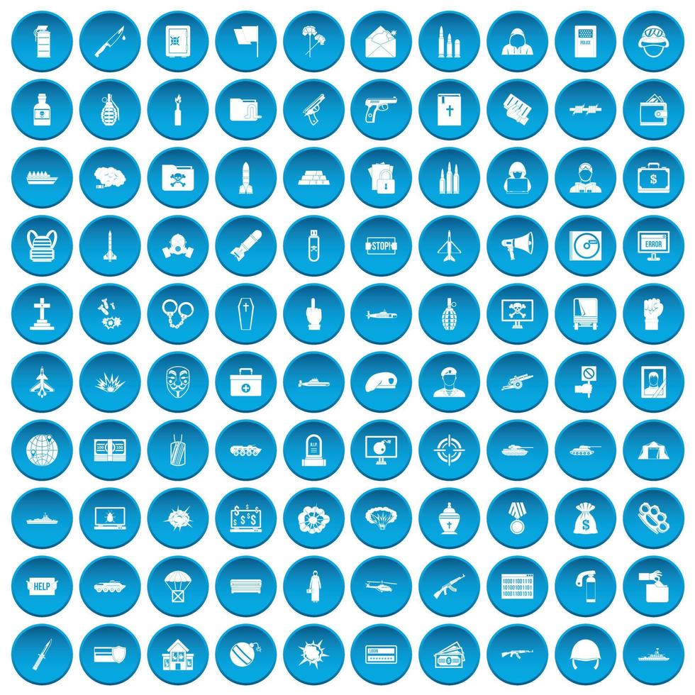 100 iconos de guerra conjunto azul vector