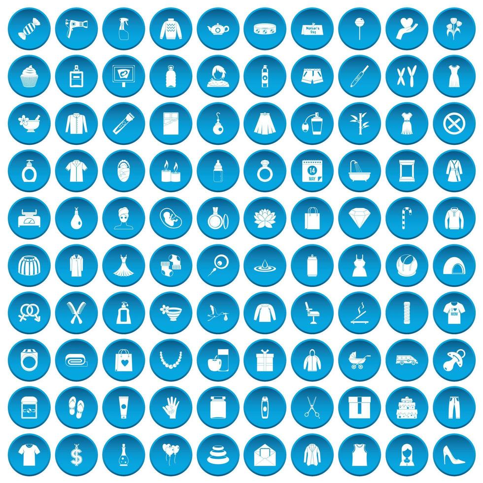 100 iconos de mujer set azul vector