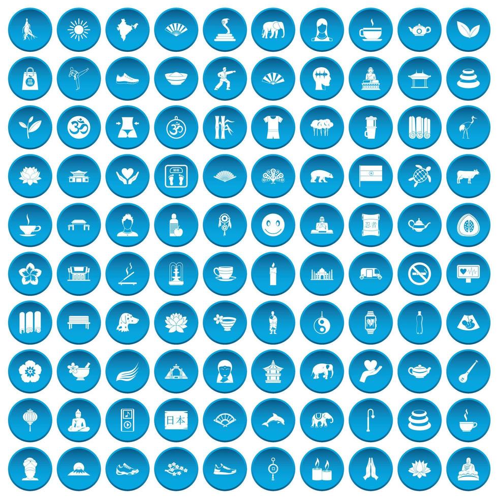 100 yoga icons set blue vector