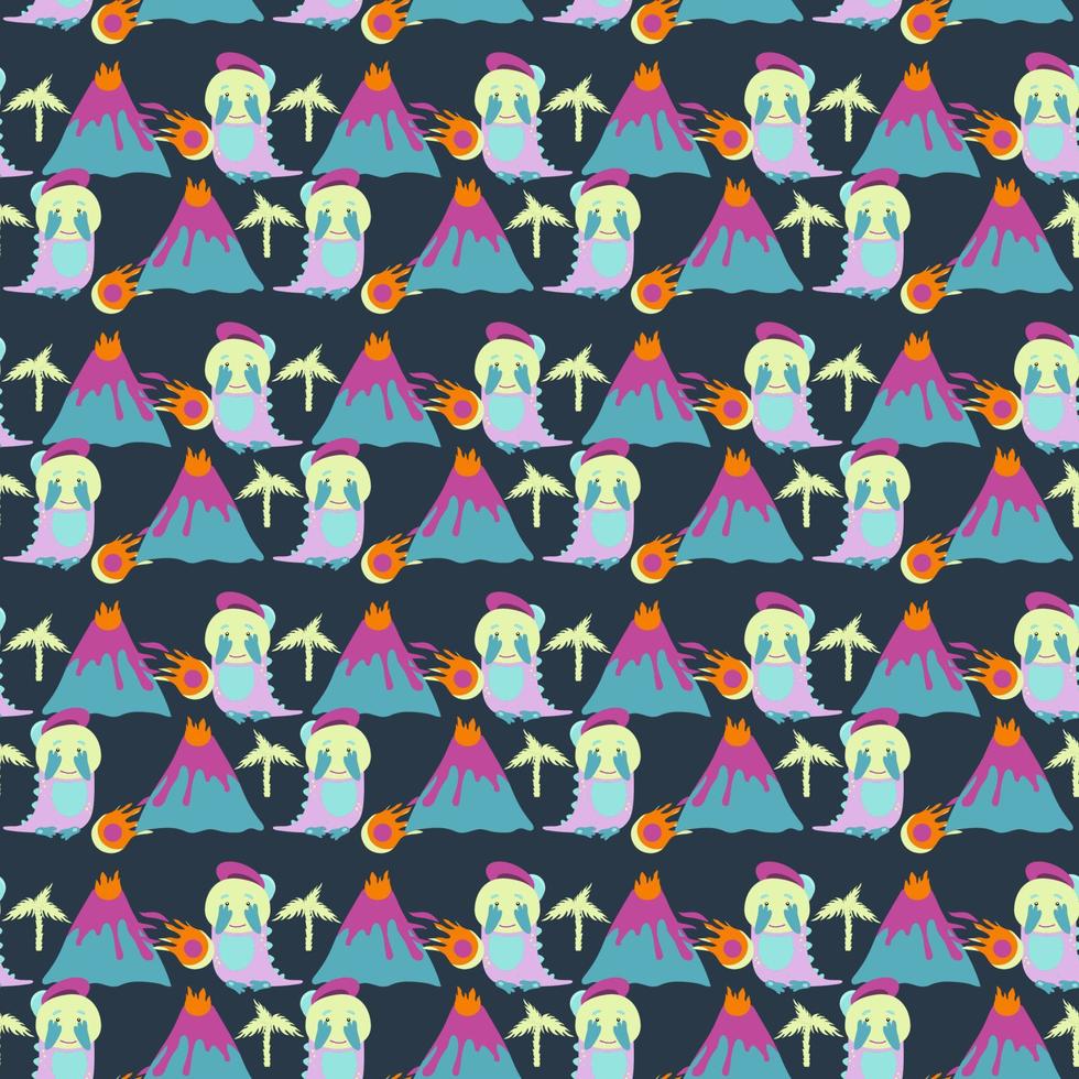 Nursery vector seamess pattern with baby dinosaurs, palm trees, volcanic, meteorites and stars.