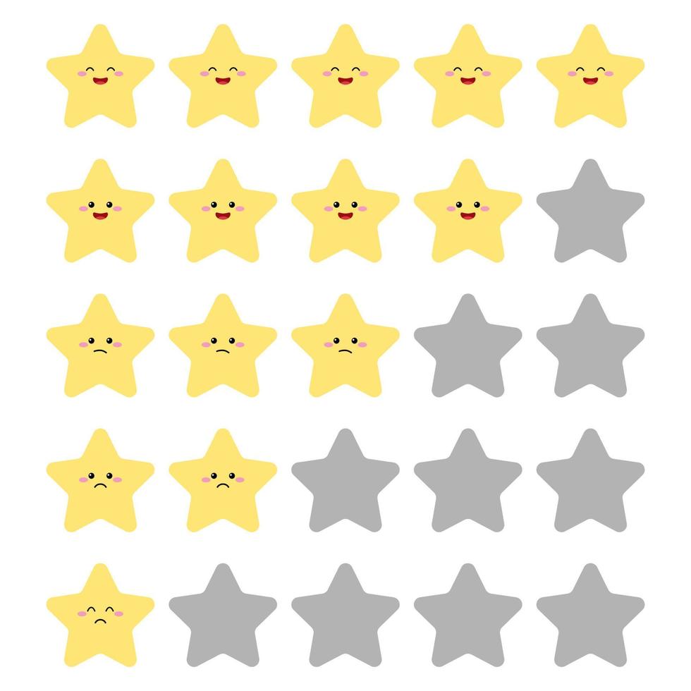 Set of cute stars rating. Different grades from one to five stars. Reviews stars with good and bad rate. Customer service. Set for product or customer review with gold stars. vector