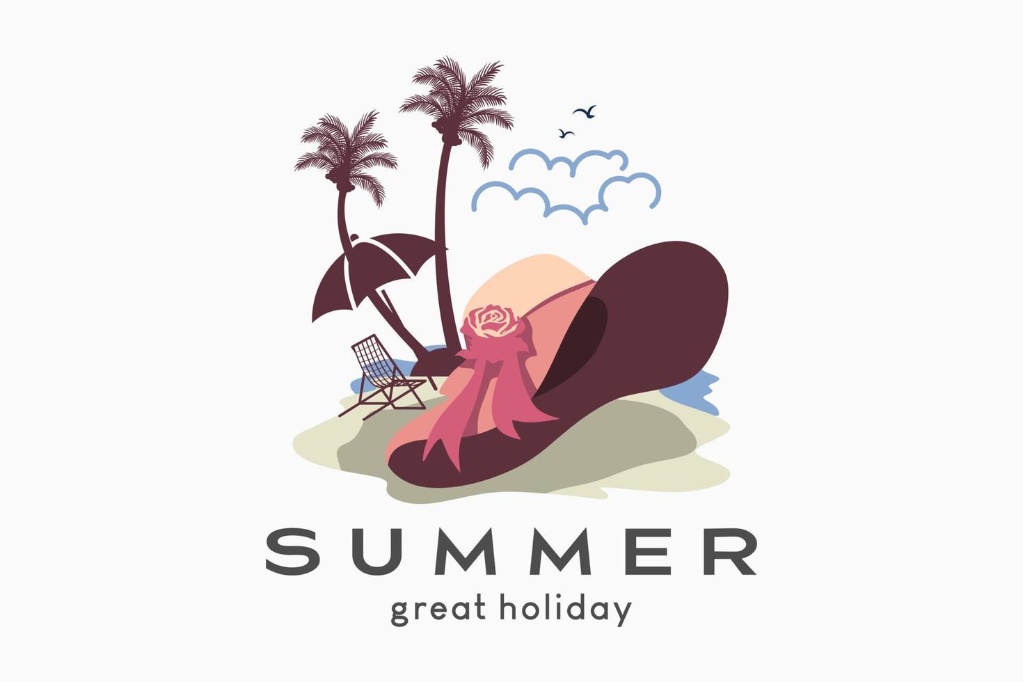 Summer logo, simple outdoor logo illustration in pastel colors. Beach hat icon combined with beach elements vector