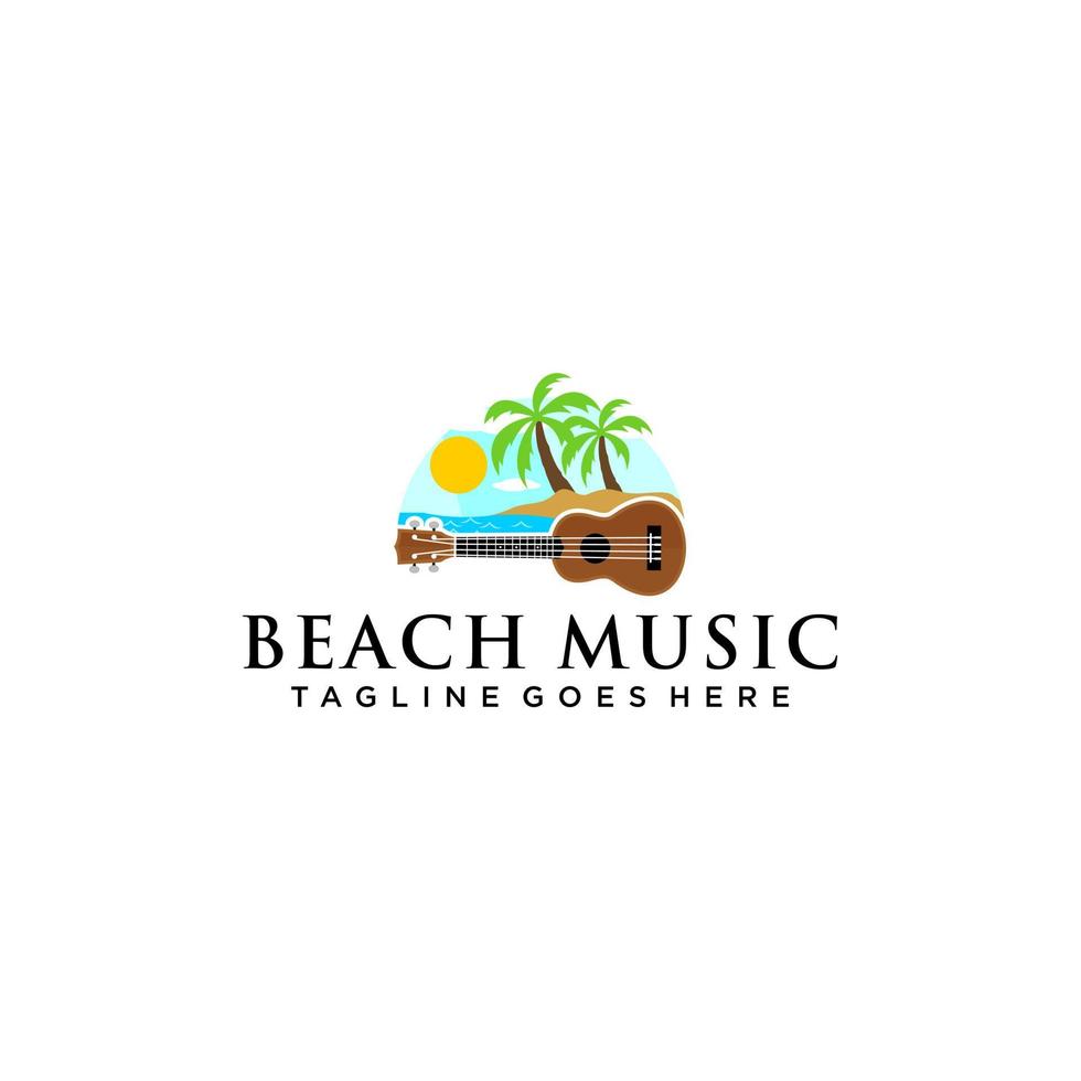 logo musical en la playa con vista a la playa y diseño de ukelele vector
