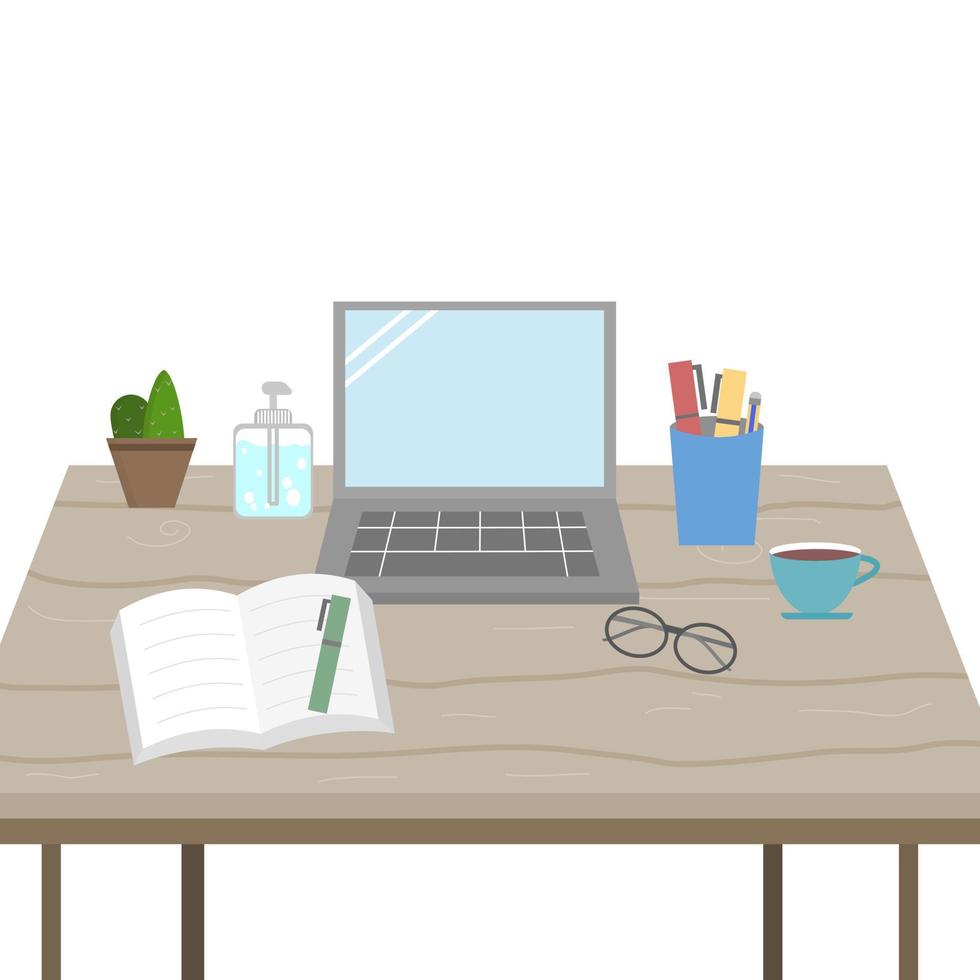 Illustrator vector of working desk with working accessories, computer notebook, pen, book, glasses, coffee cup, cactus, alcohol hand cleansing