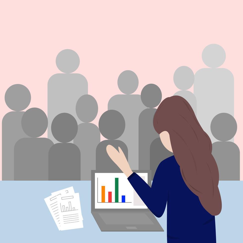 Illustrator vector of woman lead the conference, training section, meeting time, woman use notebook to present data in the meeting