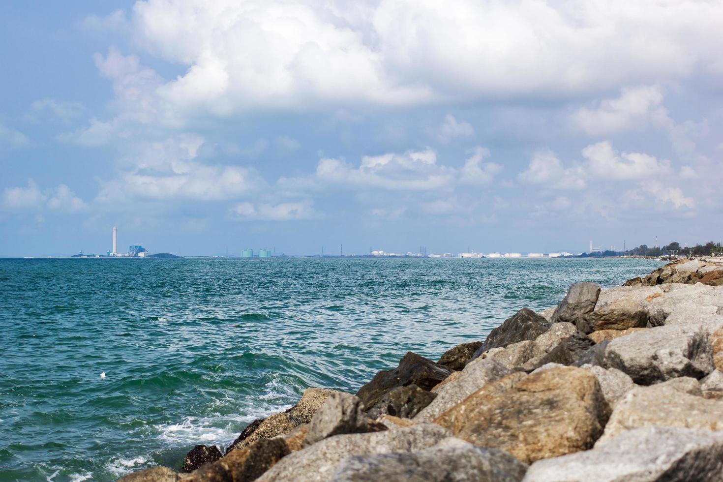 A view of the green sea, blue sky, cloudy sky, and rocks at the right corner of the picture. photo