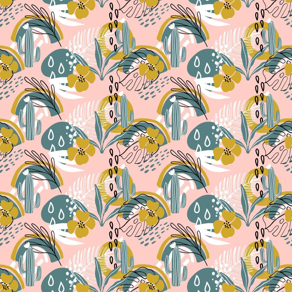 Beautiful seamless pattern with palm leaves, flowers, cactus and different textures on pink background. Tropical theme. Cute vector illustration for fabric, wallpaper, wrapping paper.