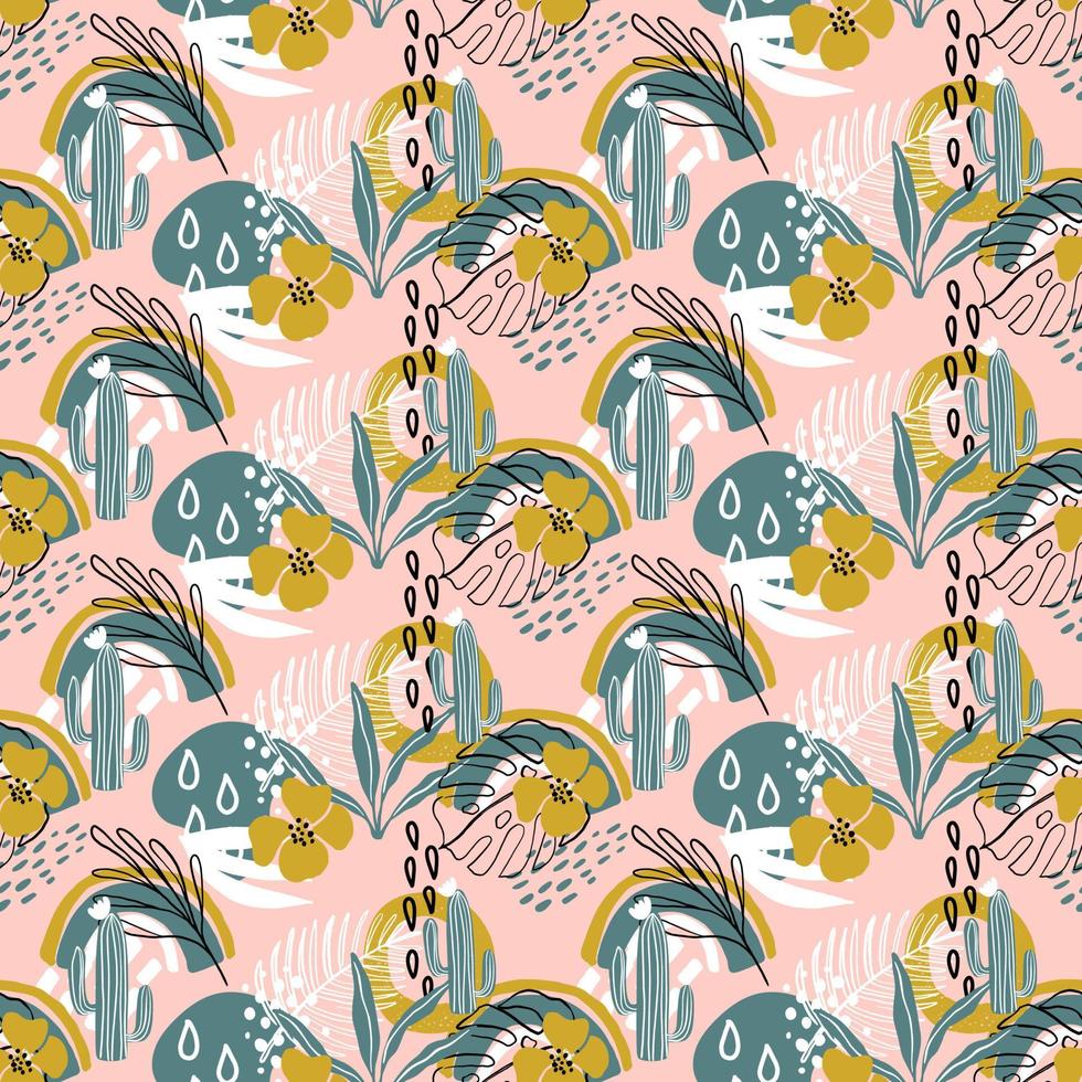 Beautiful seamless pattern with palm leaves, flowers, cactus and different textures on pink background. Tropical theme. Cute vector illustration for fabric, wallpaper, wrapping paper.