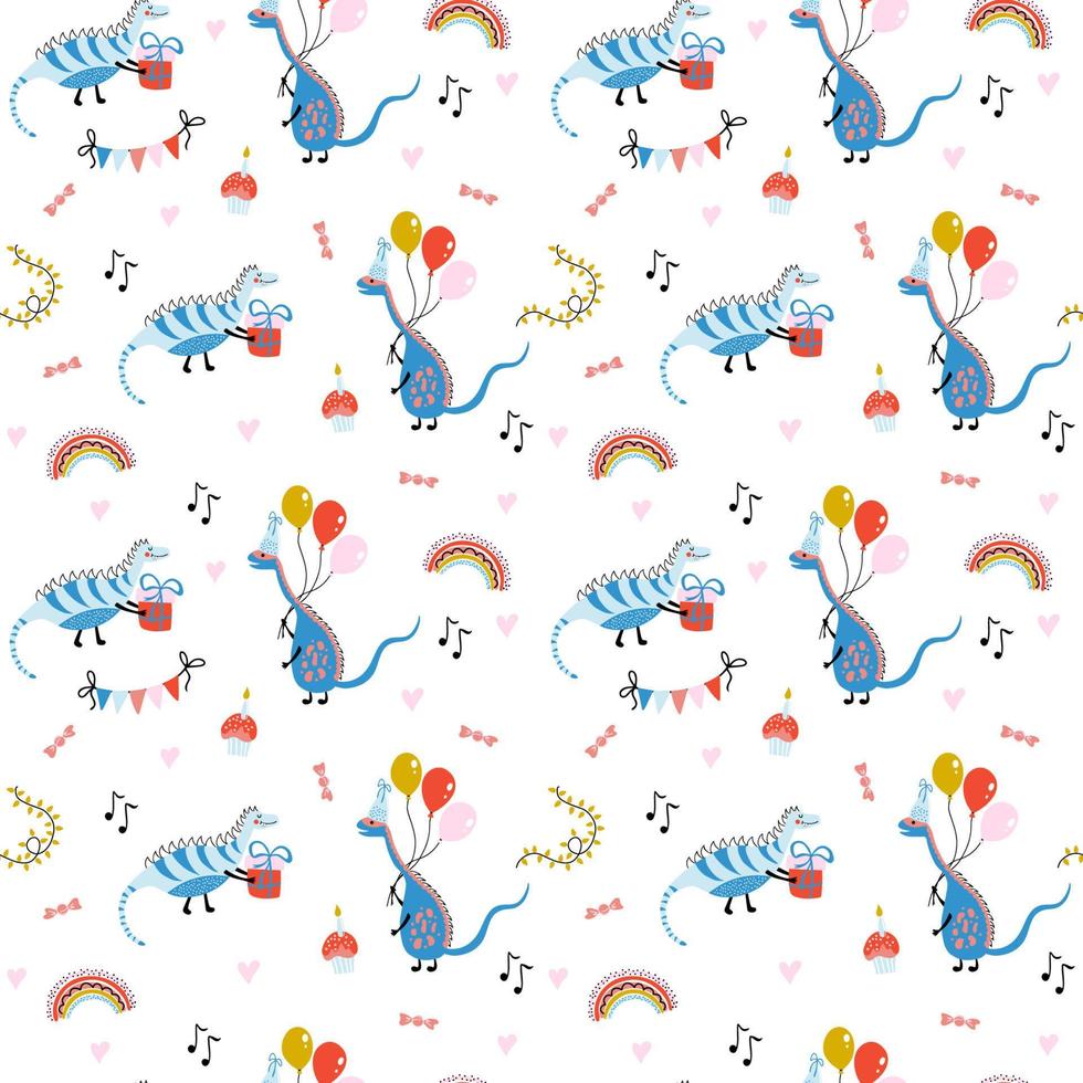 Cute vector seamless pattern with dinosaurs, gifts, balloons, cupcakes, rainbows on white background. Colourful illustration in simple cartoon hand-drawn style for kids birthday party and baby shower