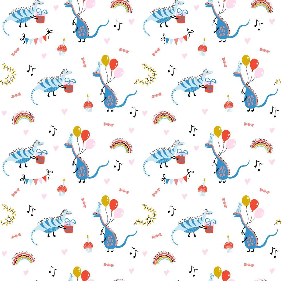 Cute vector seamless pattern with dinosaurs, gifts, balloons, cupcakes, rainbows on white background. Colourful illustration in simple cartoon hand-drawn style for kids birthday party and baby shower