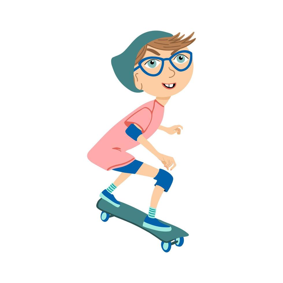 ilustración vectorial de la actividad deportiva infantil. niño sonriente feliz montando patineta. retrato de estilo de dibujos animados aislado sobre fondo blanco. vector