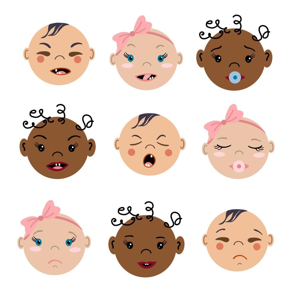 Set of cartoon baby faces with different emotions. Vector illustrations of kid portraits isolated on white background. Diversity multi-ethnic people.