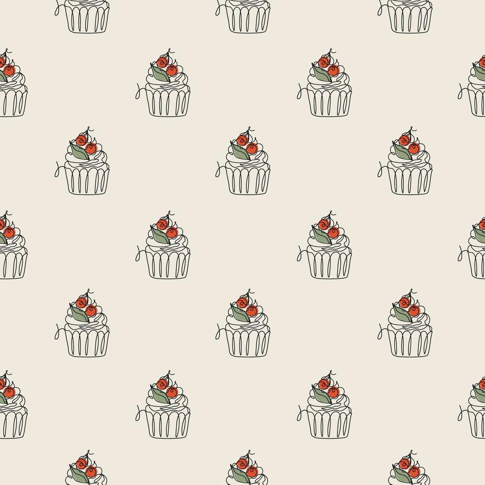 Seamless pattern with line art style cupcake. Vector texture in retro colors. Cute minimalistic illustration for fabric, textile, wrapping, scrapbooking.