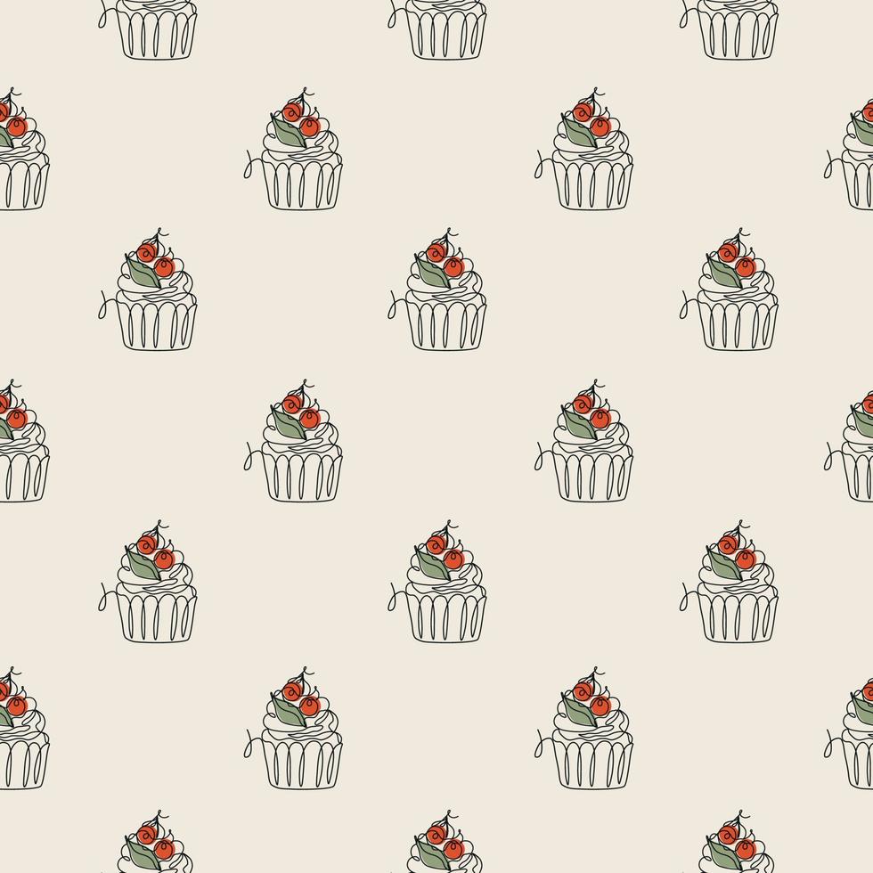 Seamless pattern with line art style cupcake. Vector texture in retro colors. Cute minimalistic illustration for fabric, textile, wrapping, scrapbooking.